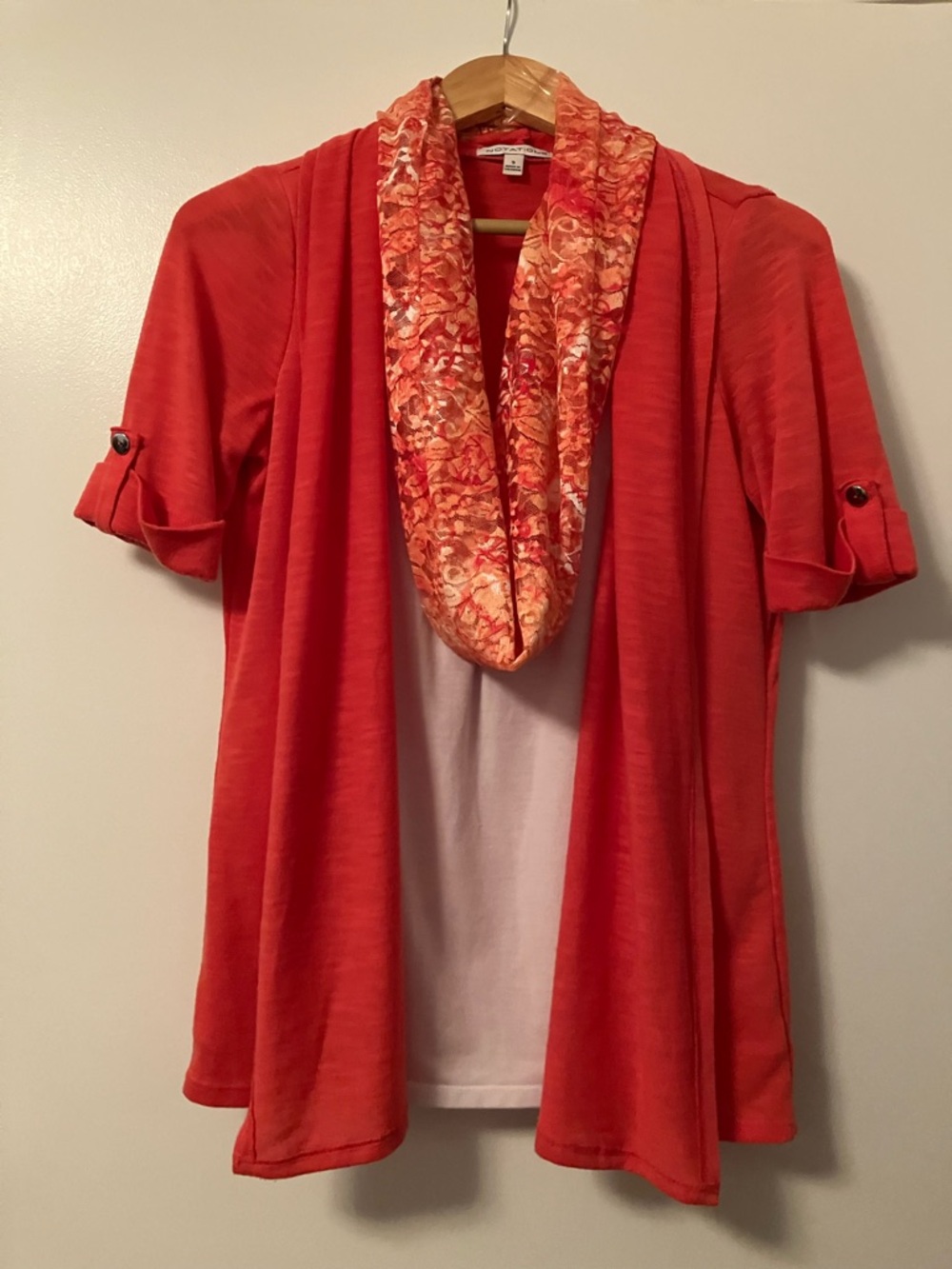 Notations Coral Open-Front Cardigan with Matching Scarf